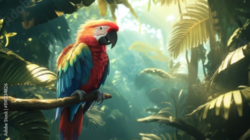 Wallpaper Mural Vibrant scarlet macaw perched on a branch in a lush tropical rainforest. Torontodigital.ca