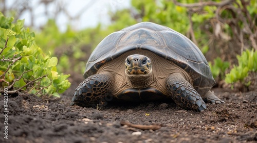 Galapagos Tortoise Walking On Dark Soil photo