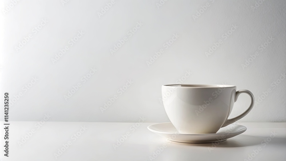 A single white ceramic teacup sits on a matching saucer against a minimalist white background A single white ceramic teacup sits on a matching saucer against a minimalist white background