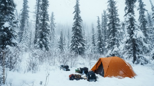 A remote camping spot in a snowy wilderness, Camping gear arranged for winter survival, Snowy wilderness style photo