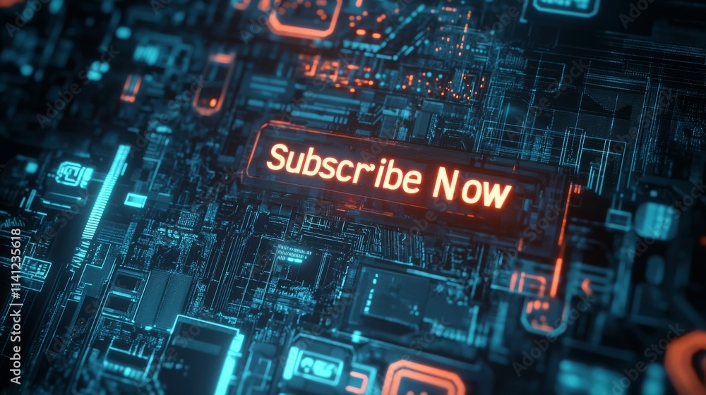 Fototapeta premium Subscribe Now! Futuristic digital button glowing on a circuit board.