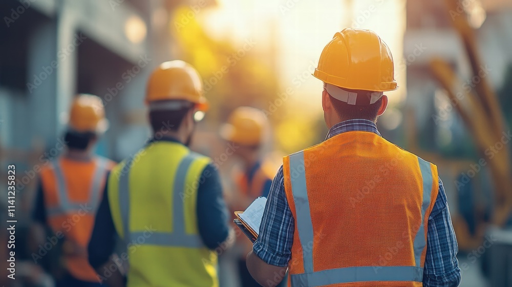 Asian Male Workers in Safety Gear Overseeing Construction Task with Back View During Sunset, Emphasizing Team Collaboration and Professionalism Asian Male Workers in Safety Gear Overseeing Construction Task with Back View During Sunset, Emphasizing Team Collaboration and Professionalism