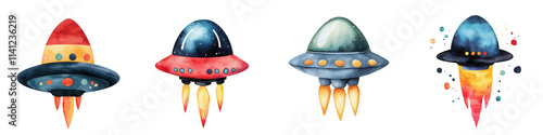 Colorful UFOs in various shapes and styles, perfect for creative projects, isolated on transparent background. photo