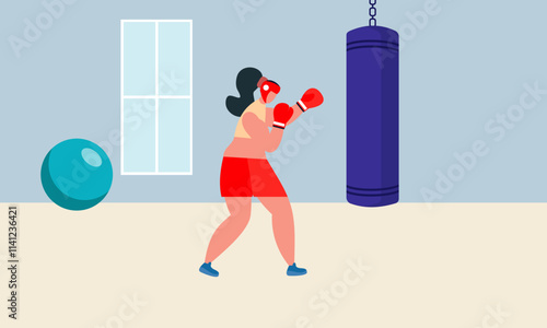 Girl boxer illustration. Woman fights boxing training vector cartoon background with aggressive female fighter