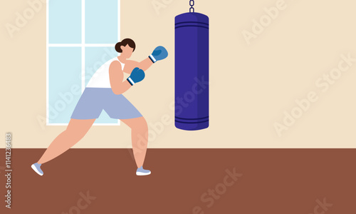 Girl boxer illustration. Woman fights boxing training vector cartoon background with aggressive female fighter