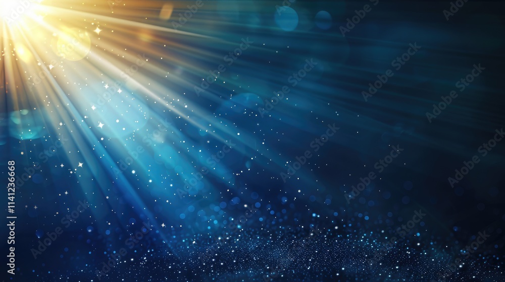Obraz premium A radiant burst of light with shimmering particles in a deep blue background.