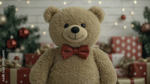 cute teddy bear with red bow tie and wide eyes, surrounded by festive decorations and Christmas gifts, evokes warm holiday spirit