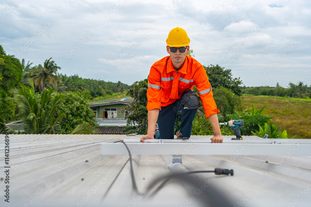 Technician in safety uniform and helmet kneeling on a rooftop, using a drill for precise installation work. A scene highlighting safety, professionalism, and technical expertise in construction. Technician in safety uniform and helmet kneeling on a rooftop, using a drill for precise installation work. A scene highlighting safety, professionalism, and technical expertise in construction.
