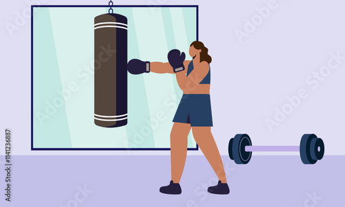 Girl boxer illustration. Woman fights boxing training vector cartoon background with aggressive female fighter