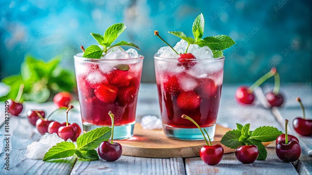 Refreshing Iced Cherry Mint Drinks with Whole Cherries and Ice Cubes on a Rustic Wooden Surface Refreshing Iced Cherry Mint Drinks with Whole Cherries and Ice Cubes on a Rustic Wooden Surface