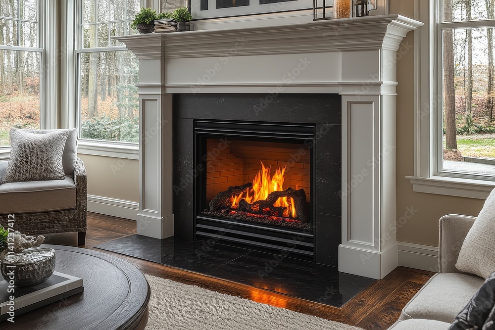 Elegant gas fireplace with dark wood trim, cozy living space with chairs and a table, light cream walls, creating warmth and charm in a home. Elegant gas fireplace with dark wood trim, cozy living space with chairs and a table, light cream walls, creating warmth and charm in a home.