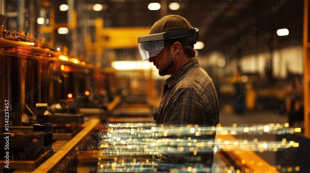An assembly line worker wearing AR goggles while overlay graphics depict workflow optimization highlighting the most efficient paths and processes in a digitally enhanced environment.