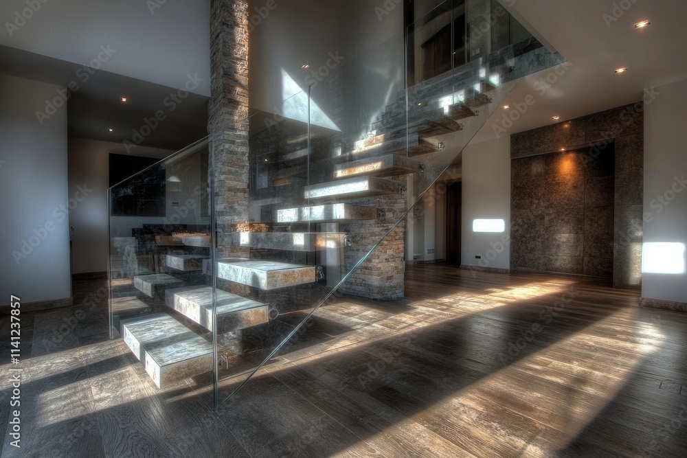 Modern architectural design featuring a stunning staircase with glass railing and natural stone accents illuminating a contemporary interior space. Modern architectural design featuring a stunning staircase with glass railing and natural stone accents illuminating a contemporary interior space.