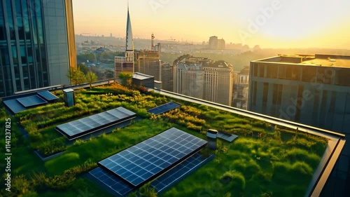 Urban Greenery: Rooftop Garden with Solar Panels at Sunrise