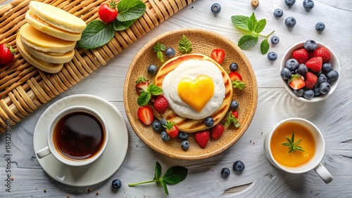 Romantic Breakfast with Pancakes, Berries, and Heart-Shaped Yolk