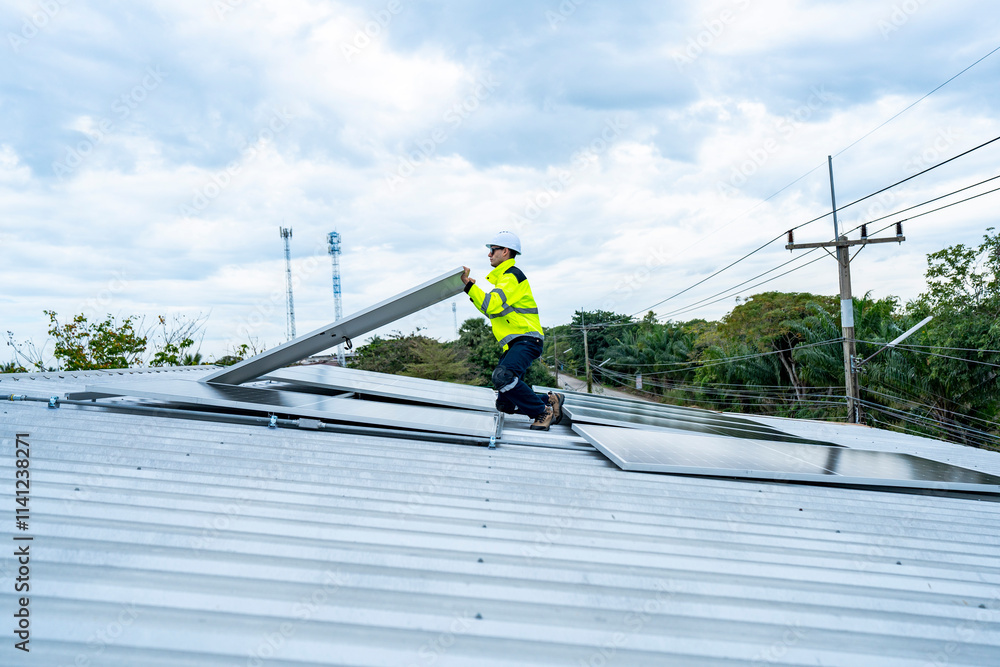A skilled technician adjusts a solar panel on rooftop, emphasizing the transition to sustainable energy. Equipped with safety gear, the worker demonstrates precision in renewable energy installations. A skilled technician adjusts a solar panel on rooftop, emphasizing the transition to sustainable energy. Equipped with safety gear, the worker demonstrates precision in renewable energy installations.