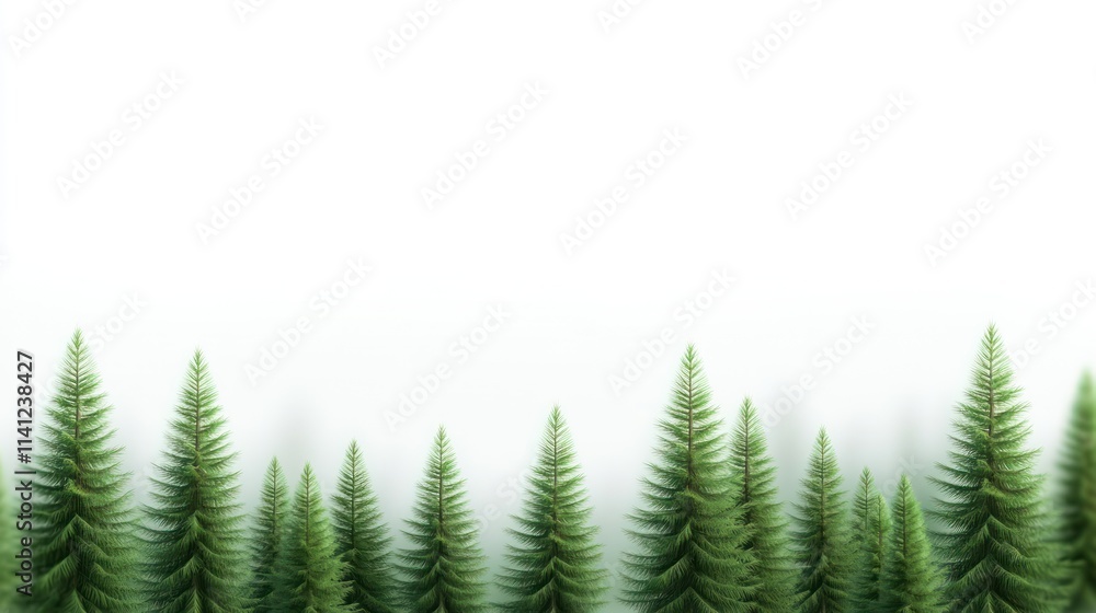 Fototapeta premium Lush green pine trees against a minimalistic white background.