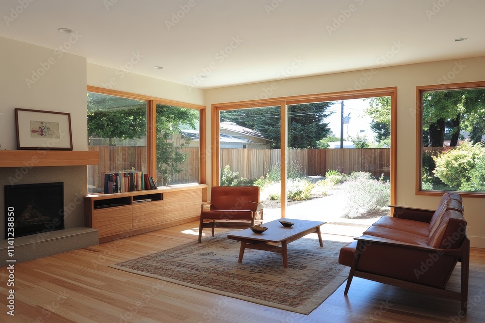 Fototapeta premium Modern Living Room with Large Windows over Looking Lush Garden, Featuring Elegant Furniture, Natural Light, Warm Wood Accents, and Cozy Atmosphere
