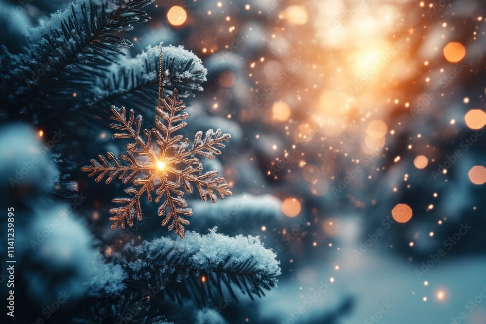 Fototapeta premium Magical Winter Wonderland with Snowflakes and Sparkling Lights Cozy Festive Holiday Atmosphere