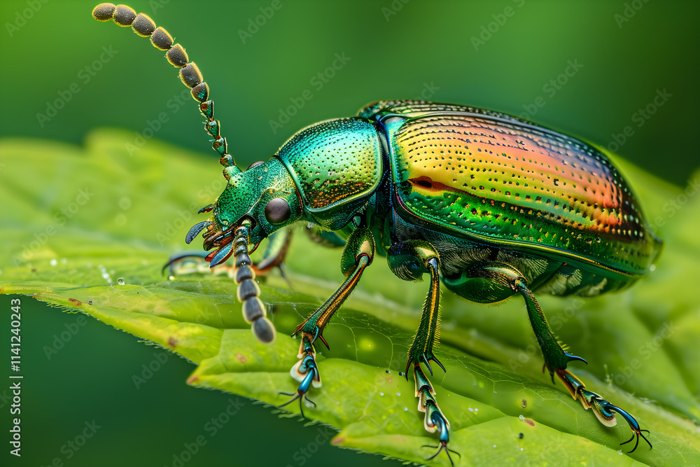 Close-Up of an Iridescent Beetle on a Leaf with Detailed Exoskeleton and Natural Habitat Close-Up of an Iridescent Beetle on a Leaf with Detailed Exoskeleton and Natural Habitat