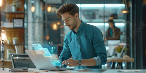 Young man working on laptop with futuristic hologram data, Focused professional analyzing digital technology in modern office