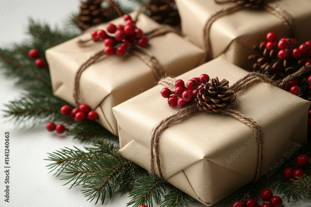 Christmas gifts with fir branches and red berries on a white background, space for text, flat lay style, high-resolution and detailed stock image. Christmas gifts with fir branches and red berries on a white background, space for text, flat lay style, high-resolution and detailed stock image.