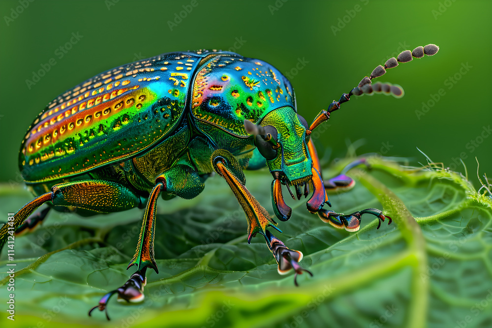 Close-Up of an Iridescent Beetle on a Leaf with Detailed Exoskeleton and Natural Habitat Close-Up of an Iridescent Beetle on a Leaf with Detailed Exoskeleton and Natural Habitat