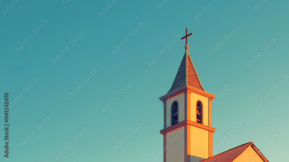 Fototapeta premium Photo of a church steeple with a cross on top, minimalistic and simple with a clear blue sky background in soft natural light with sharp focus generative ai. Spire. Illustration