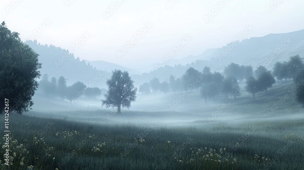 Fototapeta premium Misty morning landscape with trees and rolling hills.