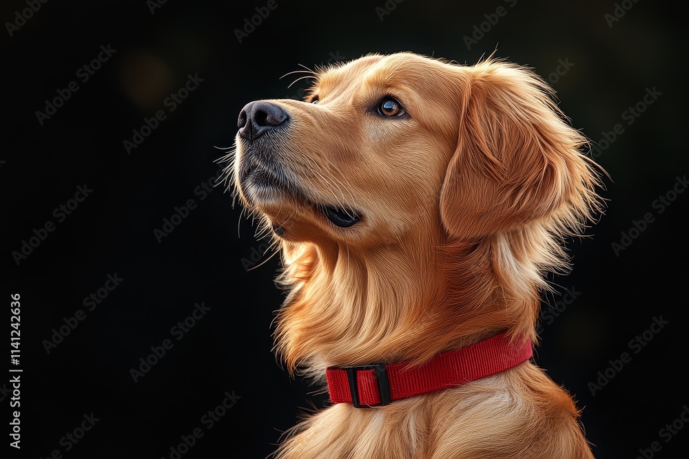 Golden Retriever dog with a red collar sitting in side view on a black background, minimalist composition with soft pastel tones and volumetric lighting. Golden Retriever dog with a red collar sitting in side view on a black background, minimalist composition with soft pastel tones and volumetric lighting.