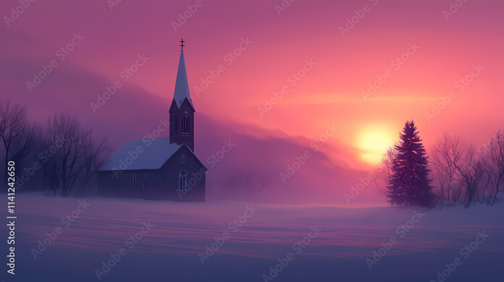 Obraz premium Pink sunrise over snowy field, church spire silhouetted. Spire. Illustration
