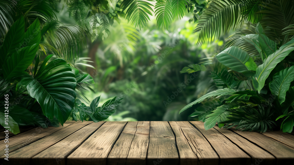 Wooden tabletop with lush green leaves in a tropical garden, perfect for nature-themed product displays Wooden tabletop with lush green leaves in a tropical garden, perfect for nature-themed product displays