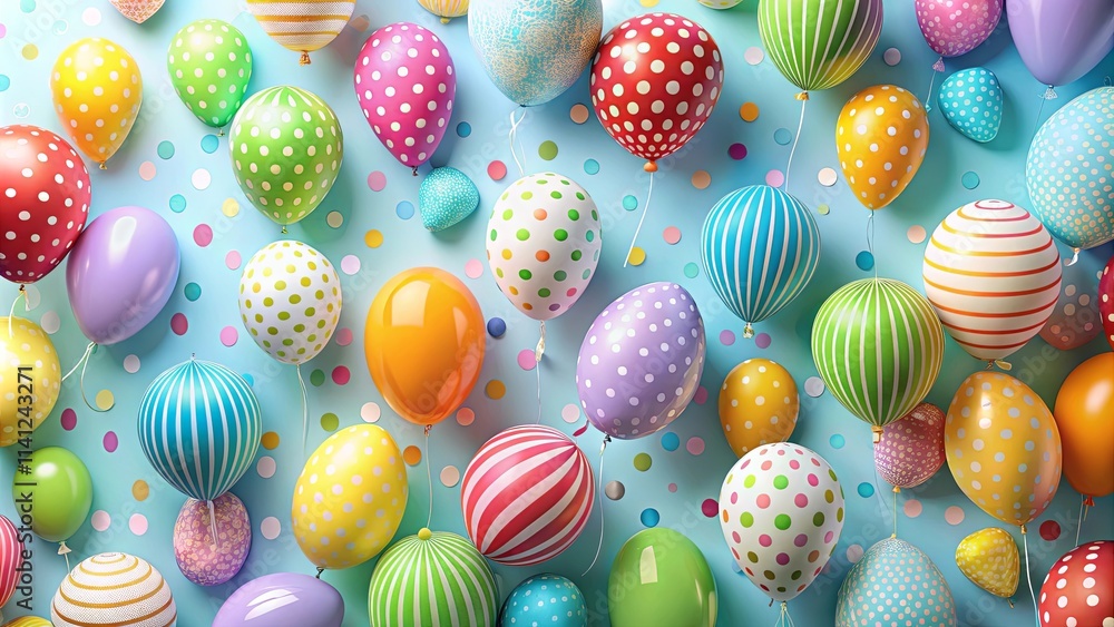 A jubilant collection of colorful polka dot and striped balloons scattered on a light blue background, celebrating a festive occasion with cheerful confetti. A jubilant collection of colorful polka dot and striped balloons scattered on a light blue background, celebrating a festive occasion with cheerful confetti.