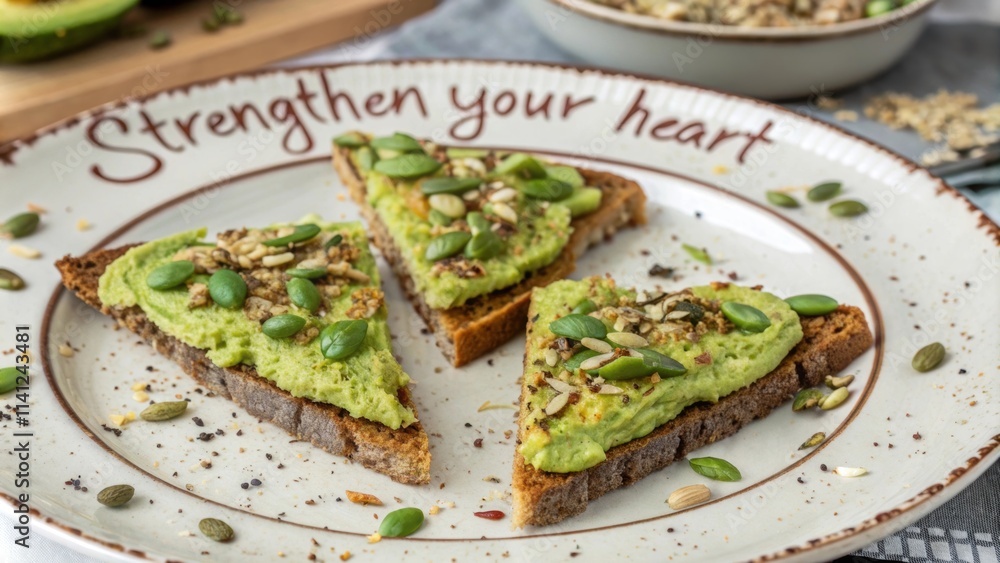 A closeup view of an avocado toast slice into triangles each piece revealing rich green avocado mashed with lime juice and garnished with a blend of toasted pumpkin seeds A closeup view of an avocado toast slice into triangles each piece revealing rich green avocado mashed with lime juice and garnished with a blend of toasted pumpkin seeds