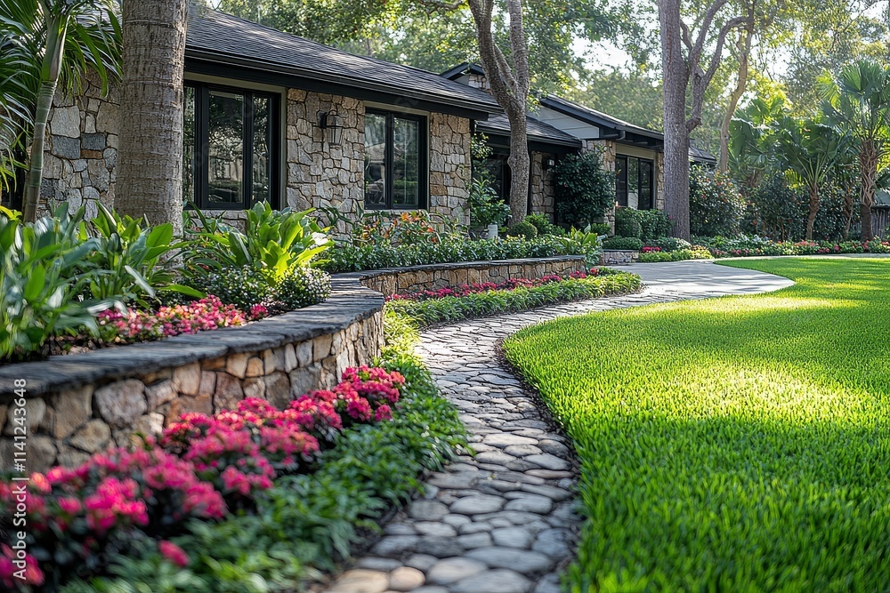 Naklejka premium Landscaping in front of a house in Houston, Texas, featuring a stone wall, green grass, tree-lined driveway, and a small flower bed.