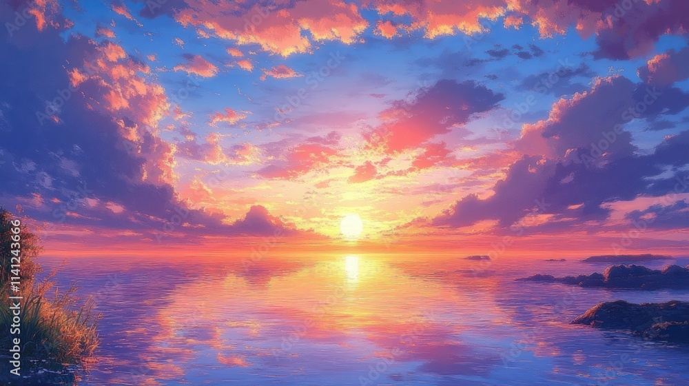 Sunset Over the Ocean in Vibrant Anime Style Sunset Over the Ocean in Vibrant Anime Style