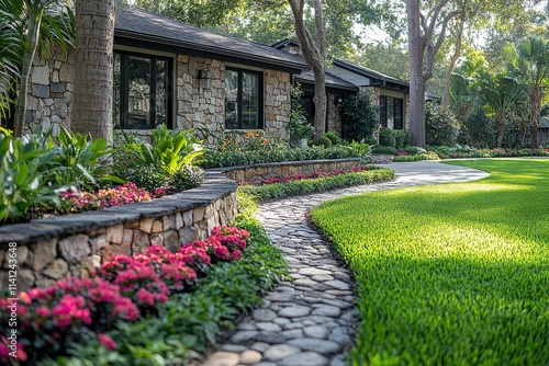 Landscaping in front of a house in Houston, Texas, featuring a stone wall, green grass, tree-lined driveway, and a small flower bed.