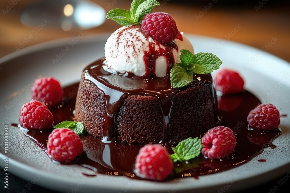 Rich Chocolate Lava Cake with Melting Vanilla Ice Cream and Fresh Raspberries Garnish Rich Chocolate Lava Cake with Melting Vanilla Ice Cream and Fresh Raspberries Garnish