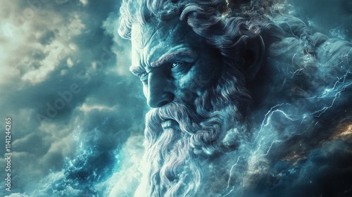 Majestic Zeus Statue Amidst Stormy Clouds