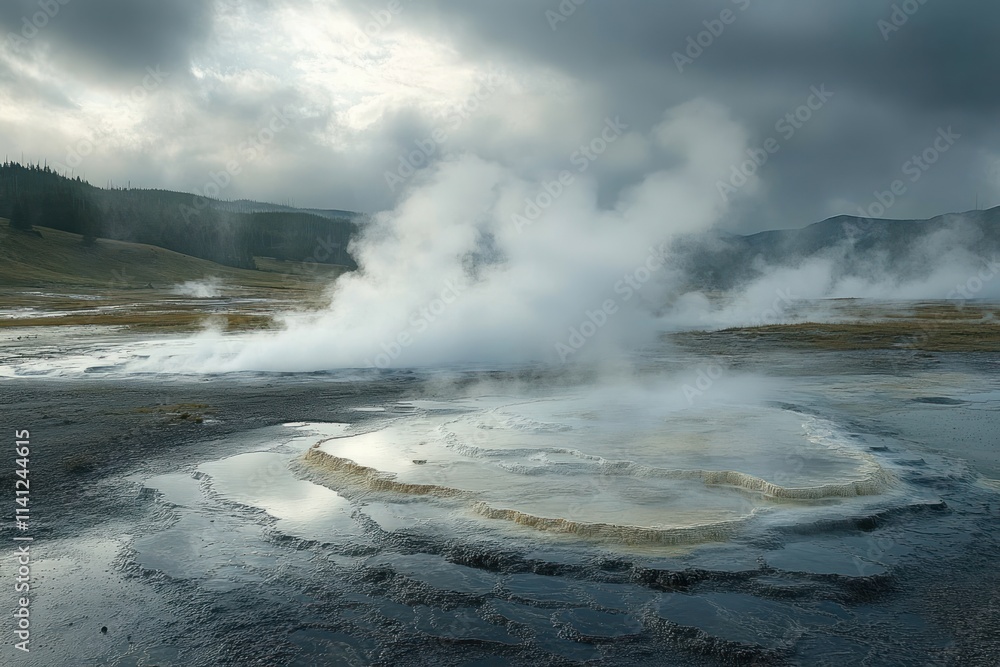 Dramatic Geysers Erupting in a Scenic Landscape of Steaming Hot Pools and Colorful Mineral Deposits Dramatic Geysers Erupting in a Scenic Landscape of Steaming Hot Pools and Colorful Mineral Deposits