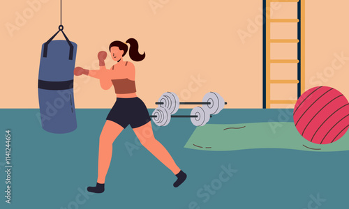 Girl boxer illustration. Woman fights boxing training vector cartoon background with aggressive female fighter