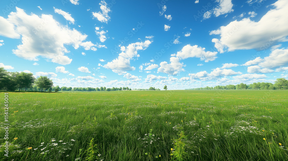 Prairie landscape in the daytime, clear blue sky with scattered clouds, endless fields with tall green grass