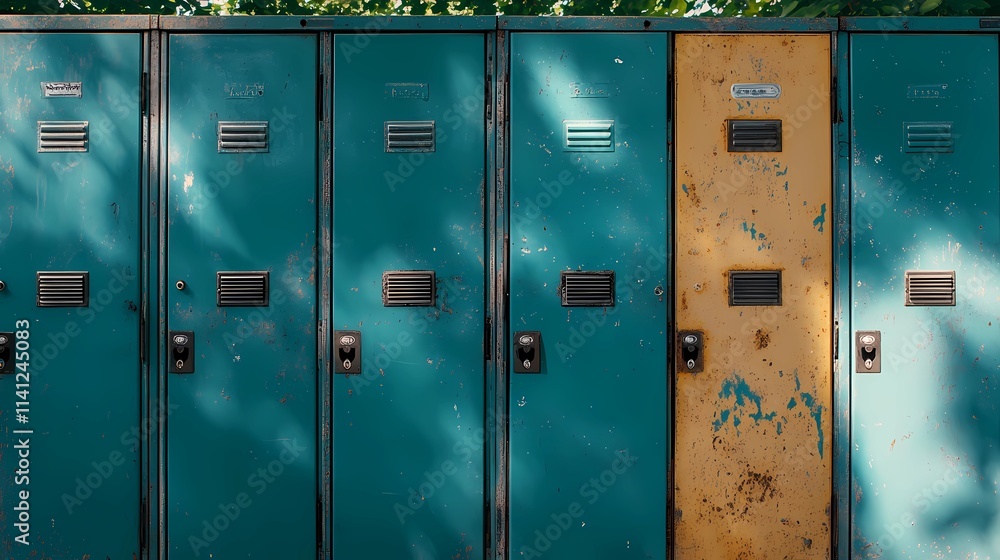 Close-up view of metal lockers in uniform rows, offering a minimalistic background for fitness, education, or secure storage content Close-up view of metal lockers in uniform rows, offering a minimalistic background for fitness, education, or secure storage content
