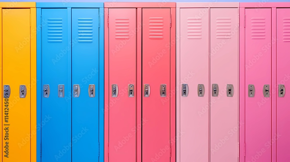 Close-up view of metal lockers in uniform rows, offering a minimalistic background for fitness, education, or secure storage content Close-up view of metal lockers in uniform rows, offering a minimalistic background for fitness, education, or secure storage content