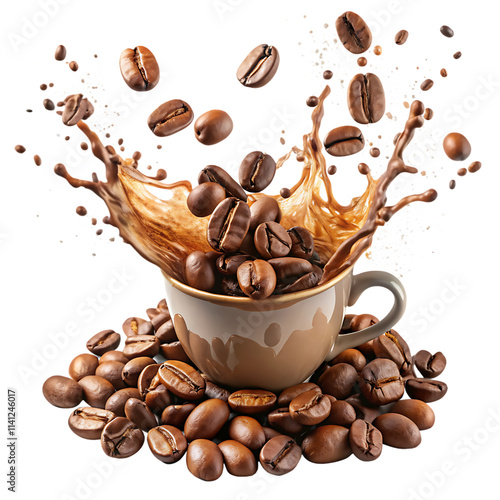 Dynamic Coffee Splash and Beans isolated on white background as transparent. PNG. AI GENERATED