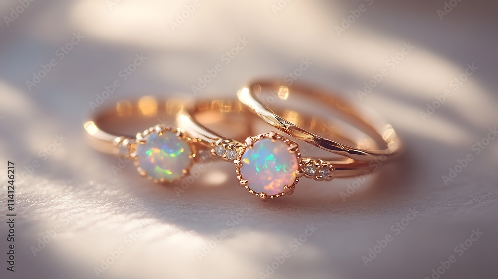 Elegant Rose Gold Rings with Opal and Diamond Accents on Fabric Elegant Rose Gold Rings with Opal and Diamond Accents on Fabric