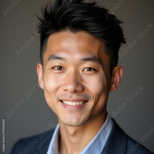 Smiling Asian Businessman Portrait on Gray Background