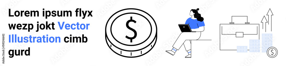 Obraz premium Dollar coin, woman with laptop, suitcase, rising bar charts. Ideal for financial growth, business planning, investment strategies, economic success, career development, professional advancement