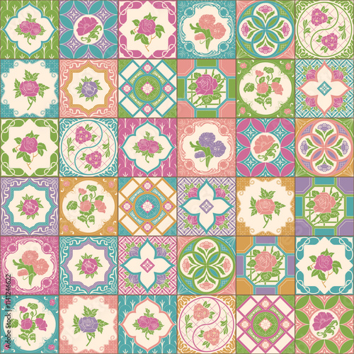  Flat Pastel Color Nyonya Floral Tile Seamless Pattern