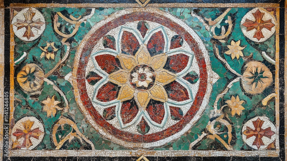 A close-up of a colorful mosaic tile pattern, with intricate designs and textures. A close-up of a colorful mosaic tile pattern, with intricate designs and textures.